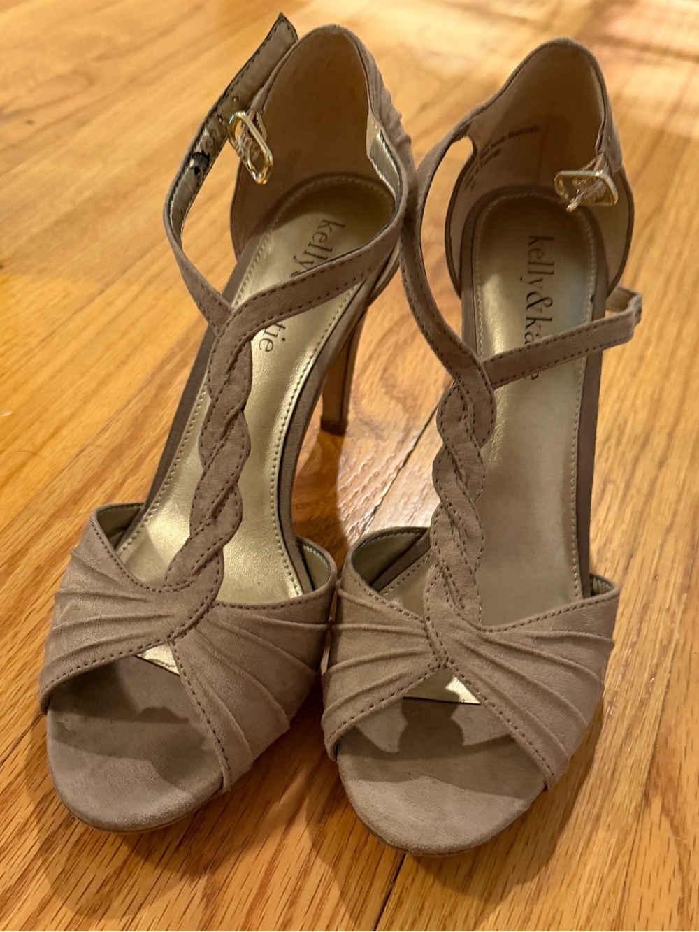 Kelly & Katie Taupe Suede T-Strap Heeled Sandals